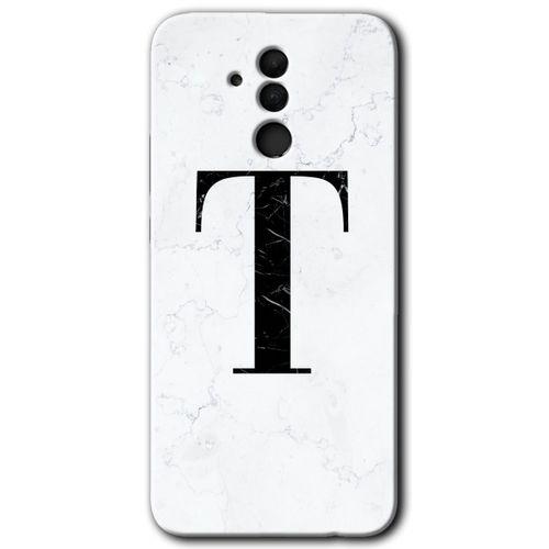 MRCİLETİSİM Huawei Mate 20 Lite Kılıf Baskılı Kapak - Beyaz Mermer Desenli T Harfi +Tam Kaplayan Mat Seramik