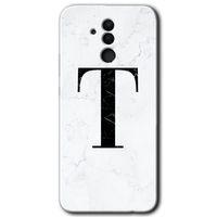 MRCİLETİSİM Huawei Mate 20 Lite Kılıf Baskılı Kapak - Beyaz Mermer Desenli T Harfi +Tam Kaplayan Mat Seramik