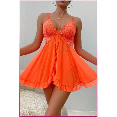 Kadın Zarif Turuncu Tül Gecelik ve Külot Takım