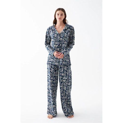 Kadın Lacivert “paris” Yazı Desenli Düğmeli Pamuklu Pijama Takımı