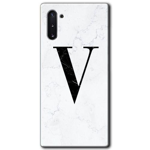 MRCİLETİSİM MRCİLETİSİM Samsung Galaxy Note 10 Kılıf HD Desen Baskı Arka Kapak + Temperli Cam - Beyaz Mermer Desenli V Harf