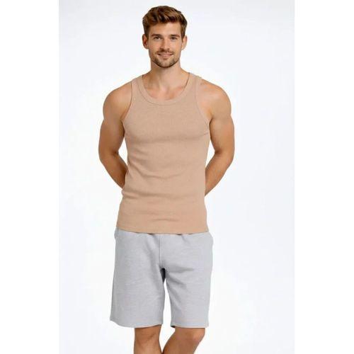 Erkek Fitilli Atlet Sıfır Yaka Slim Fit Arka Baskılı Spor Atlet - Bej