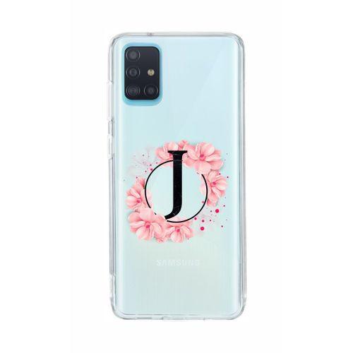 Samsung A51 Pembe Çiçek Desen J Harfli Şeffaf Kılıf