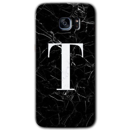 Samsung Galaxy S7 Edge HD Baskılı Kılıf + 9D Tam Ekran Koruyucu - Siyah Mermer Desenli T Harf