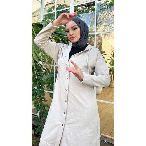 Çıtçıtlı Kapşonlu Uzun Tunik Pantolon İkili Tesettür Eşofman Takımı - 03078.027 - Ekru