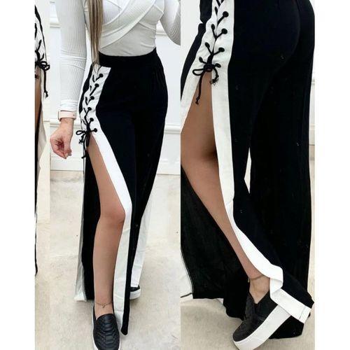 Kadın Yüksek Bel Yandan çapraz Bağcıklı Yırtmaçlı Viskon Iki Iplik Pantolon