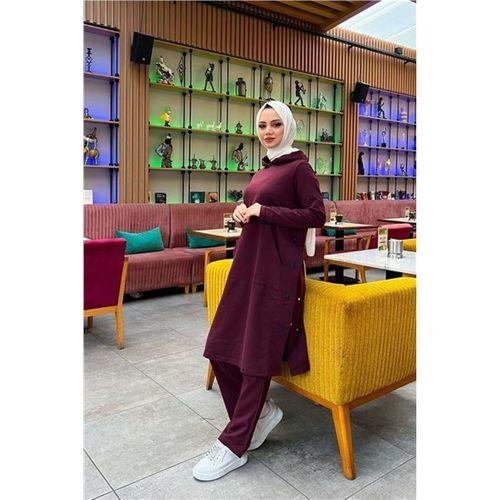 Kapşonlu Yandat Çıtçıtlı Sade Basic Uzun Tunik ve Pantolon İkili Spor Takım - 03071.020 - Mürdüm