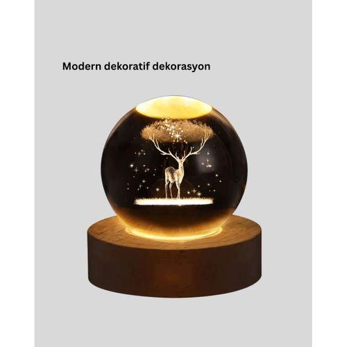 3d Geyik Desenli Kristal Küre Usb Işıklı Ahşap Tabanlı Oda Lambası