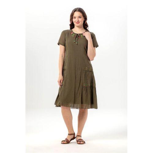 Kısa Kol Aynur Bisiklet Yaka Cepli Yazlık Vual Kısa Elbise Haki Hk