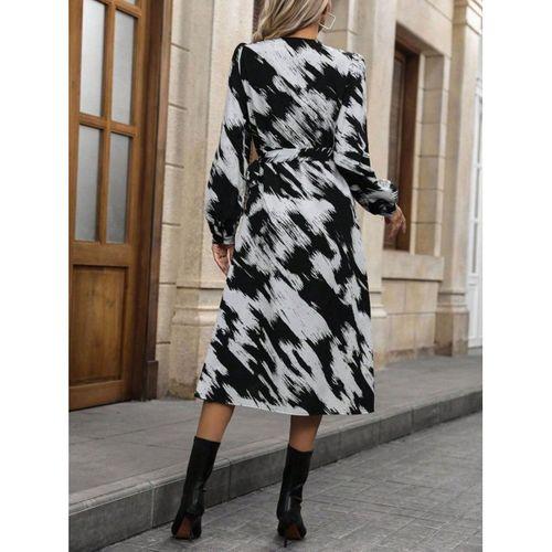 Kadın Uzun Kollu Kruvaze Yakalı Yandan Bağlamalı Desenli Mini Modal Elbise