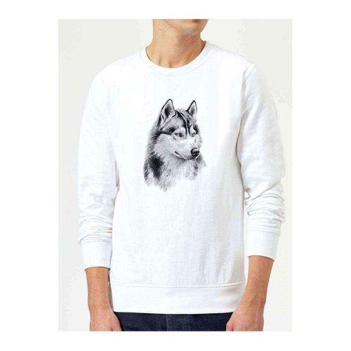 Wolf Kurt Sibirya Köpek Karakalem Çizim Baskılı Beyaz Erkek Sweatshirt
