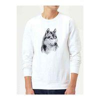 Wolf Kurt Sibirya Köpek Karakalem Çizim Baskılı Beyaz Erkek Sweatshirt