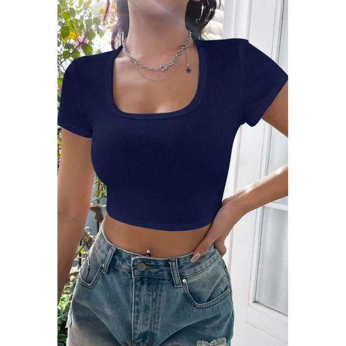 Kadın Lacivert Yarım Kol Düz Yaka Crop Top Bluz