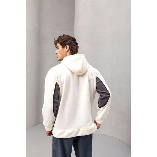 Frank Parçalı Kontrast Desenli Kapüşonlu Oversize Cepli Polar Erkek Sweatshirt - Ekru