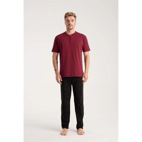 Erkek Bordo Düğmeli Yaka Kısa Kol Pijama Takımı