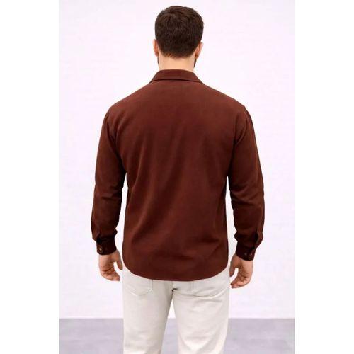 Erkek Aerobin Kumaş Oversize 4 Mevsim Uzun Kollu Rahat Kalıp Gömlek - Kahverengi