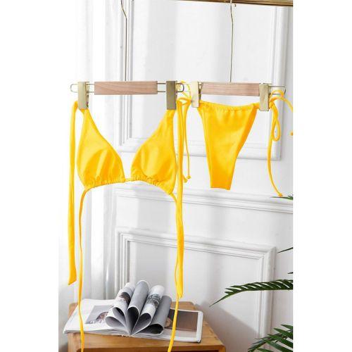Kadın Sarı Yandan Bağlamalı Tangalı Üçgen Bikini Mayo Takımı