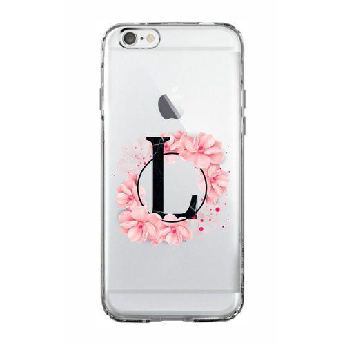 iPhone 6 Plus Pembe Çiçek Desen L Harfli Şeffaf Kılıf