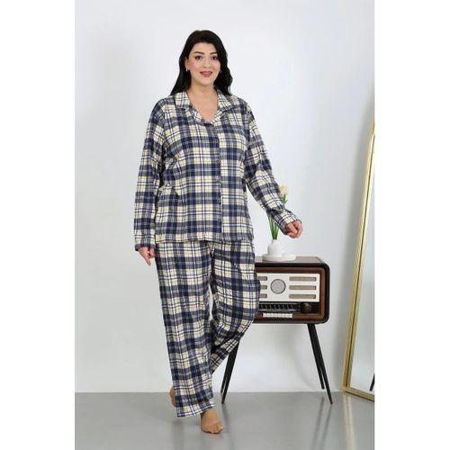Kadın Büyük Beden Pamuklu Cepli Düğmeli Lacivert Pijama Takım
