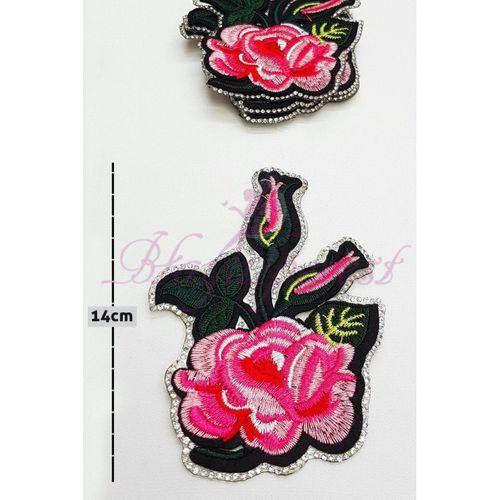 FdayAksesuar Pembe Çiçek Desenli Taşlı Ütü İle Yapışan Aplik