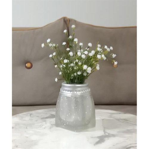 2 Adet Vazo Dahil,Vazoda Çiçek,Beyaz Yapay Çiçek,Vazo Dekoratif Kristal Taşlı Gümüş Poliresin 7X7X15Cm