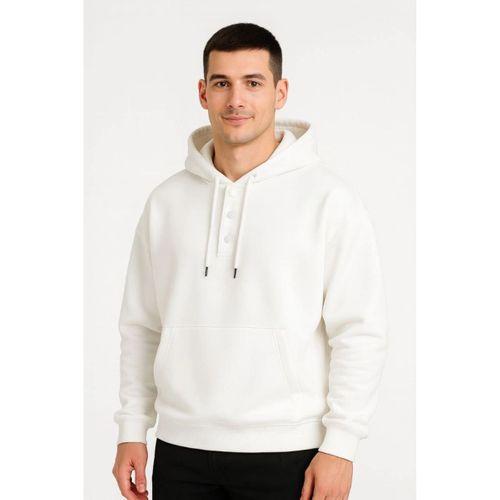 Erkek Ovarsize Kapüşonlu Swetshirt Kanguru Çepli Cıtcıtlı 3 Iplik Şardonlu Hoodie - Beyaz