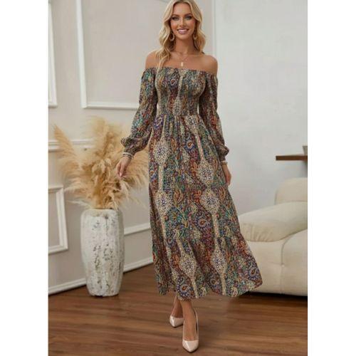 Kadın Düşük Omuzlu Beli Büzgülü Dijital Desenli Kesik Elyaf Süprem Uzun Elbise