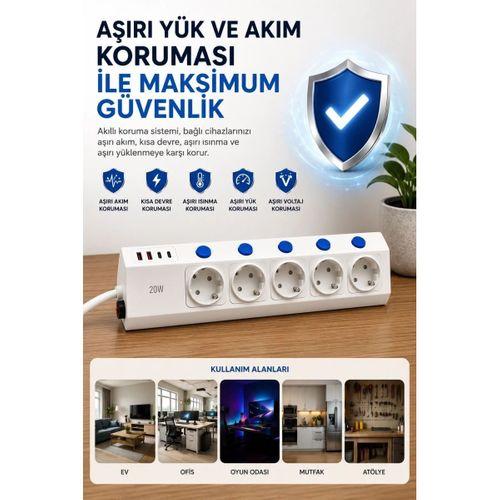 5’li Akım Korumalı Çoklu Priz 2 Metre Kablolu 3680w 16a 5 Anahtarlı 2usb-a 2 Usb-c Pd 20w Hızlı Ftr-28