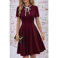 Kadın Kısa Kollu Yakadan Bağcıklı Ve Fırfırlı Midi Janjan Krep Elbise