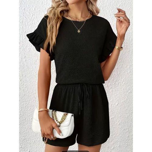 Kadın Kısa Kollu Bisiklet Yaka Bürümcük Bluz Ve Kısa Short Ikili Takım