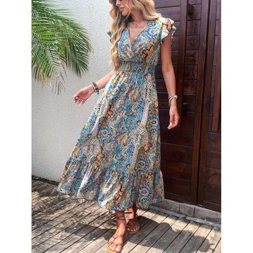 Kadın Kısa Kollu Kruvaze Yakalı Desenli Maxi Elbise