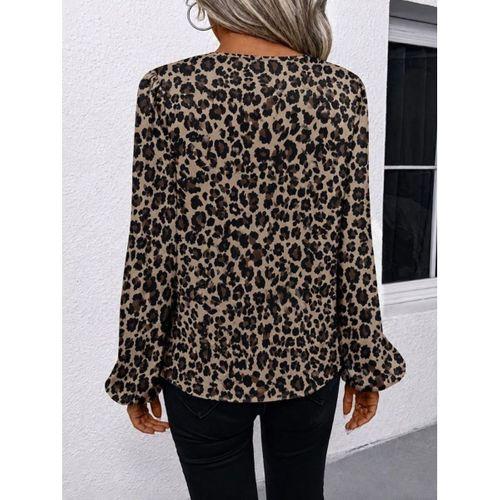 Kadın Uzun Kollu Yuvarlak V Yakalı Leopar Desenli Süprem Bluz