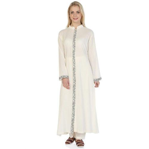 Uzun Kol Şile Bezi Hakim Yaka Halkalı Nakışlı Mevsimlik Uzun Ferace Krem Krm