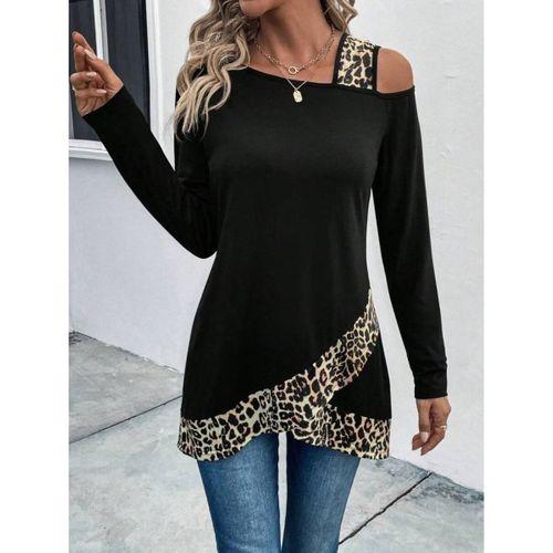 Kadın Tek O Uzdan Açık Askılı Uzun Kollu Leopar Detaylı Viskon Bluz