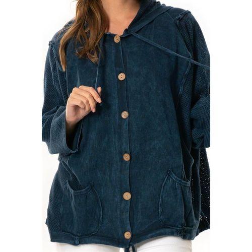 Uzun Kol Ceren Fileli Düğme Detaylı Çift Cepli Kışlık Kapüşonlu Triko Bluz Lacivert Lcvt