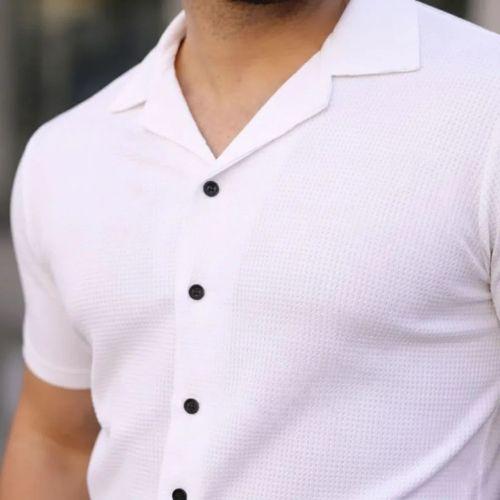 Erkek Waffle Dokuma Açık Yakalı Düğmeli Regular Kalıp 2’li Gömlek Seti - Siyah - Beyaz