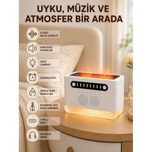 8 Çeşit Beyaz Gürültülü Kablosuz Hoparlör Ve Renkli Alev Efektli Gece Lambası