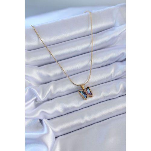 316L Çelik Gold Renk Mor Kristal Taşlı Kelebek Model Kadın Kolye