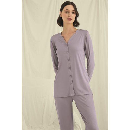 Uzun Kollu Düğmeli V Yaka Pijama Takımı