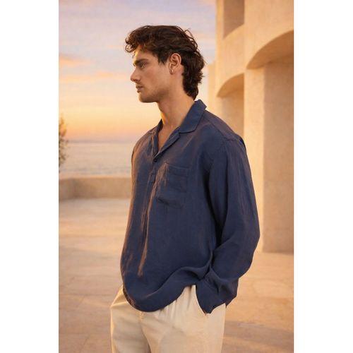 Sartre Apaş Yaka Tek Cepli İnce Modal Kumaş Oversize Yazlık Gömlek - Lacivert