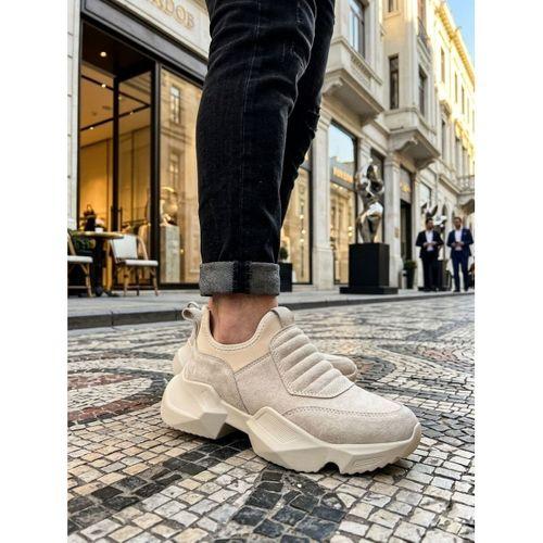 BA0402 Bağcıksız Rahat Yüksek Taban Krem Süet Erkek Spor Ayakkabı