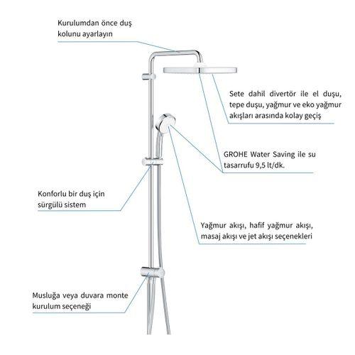 GROHE Tempesta Cosmopolitan System 250 Cube Kare Duvar Bağlantılı, Divertörlü Duş Sistemi - 26694001