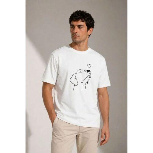 Erkek Köpek Figürlü Minimal Baskılı Tişört Kısa Kol Yazlık T-Shirt - Beyaz