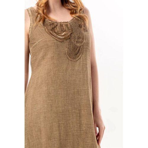 Kolsuz Gece Yuvarlak Yaka Otantik Poplin Midi Boy Elbise Toprak Tprk