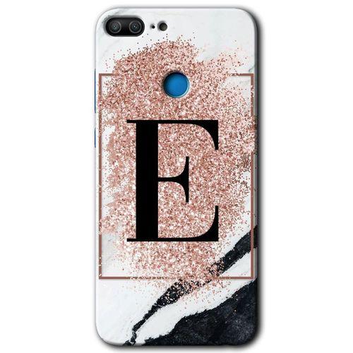 MRCİLETİSİM Honor 9 Lite Kılıf HD Desen Baskılı Arka Kapak + Temperli Cam - Pembe Mermer Desenli E Harfi