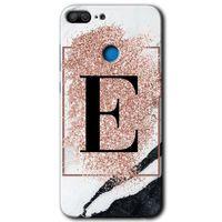 MRCİLETİSİM Honor 9 Lite Kılıf HD Desen Baskılı Arka Kapak + Temperli Cam - Pembe Mermer Desenli E Harfi