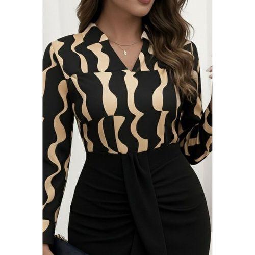 Kadın Uzun Kollu V Hakim Yakalı Desenli Dalgıç Bluz Ve önden Büzgülü Krep Ikili Takım