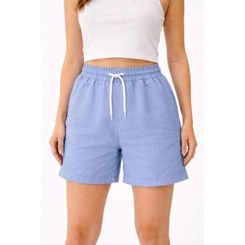 Keten Kumaş Cepli Rahat Kesim Bel Lastikli Şort - Mavi