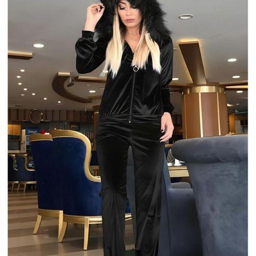 Kadın Uzun Kollu önden Fermuarlı Kapşon Tüy Detaylı Kadife Bluz Ve Pantolon Ikili Takım