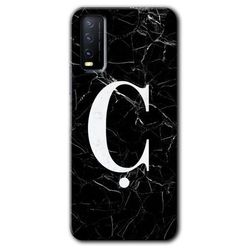 Vivo Y11s Kılıf HD Desen Baskılı Arka Kapak + Temperli Cam - Siyah Mermer Desenli Ç Harfi